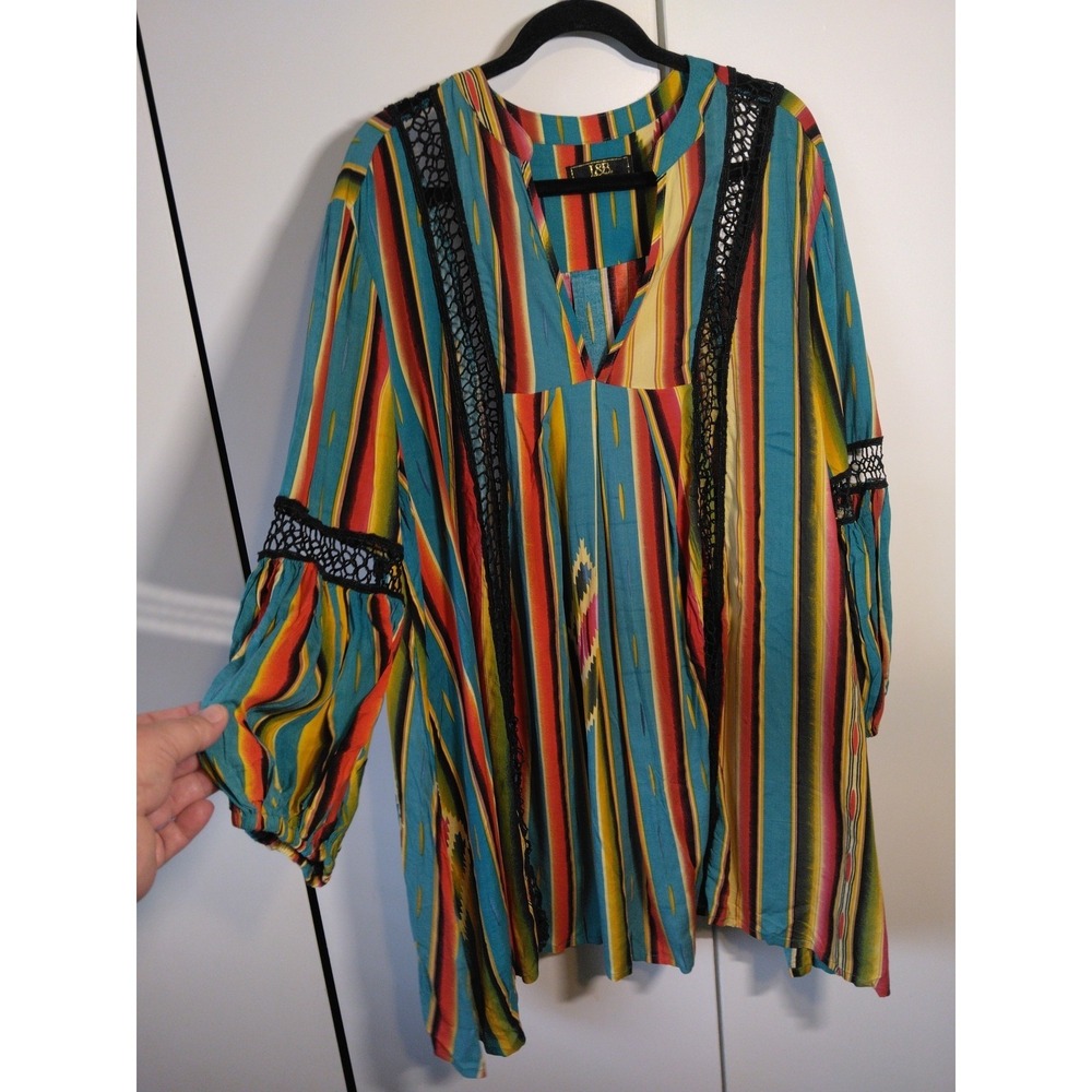 Womens  Colorful Peasant Tunic/ Mini Dress Size  2x Crochet Details Boho Western